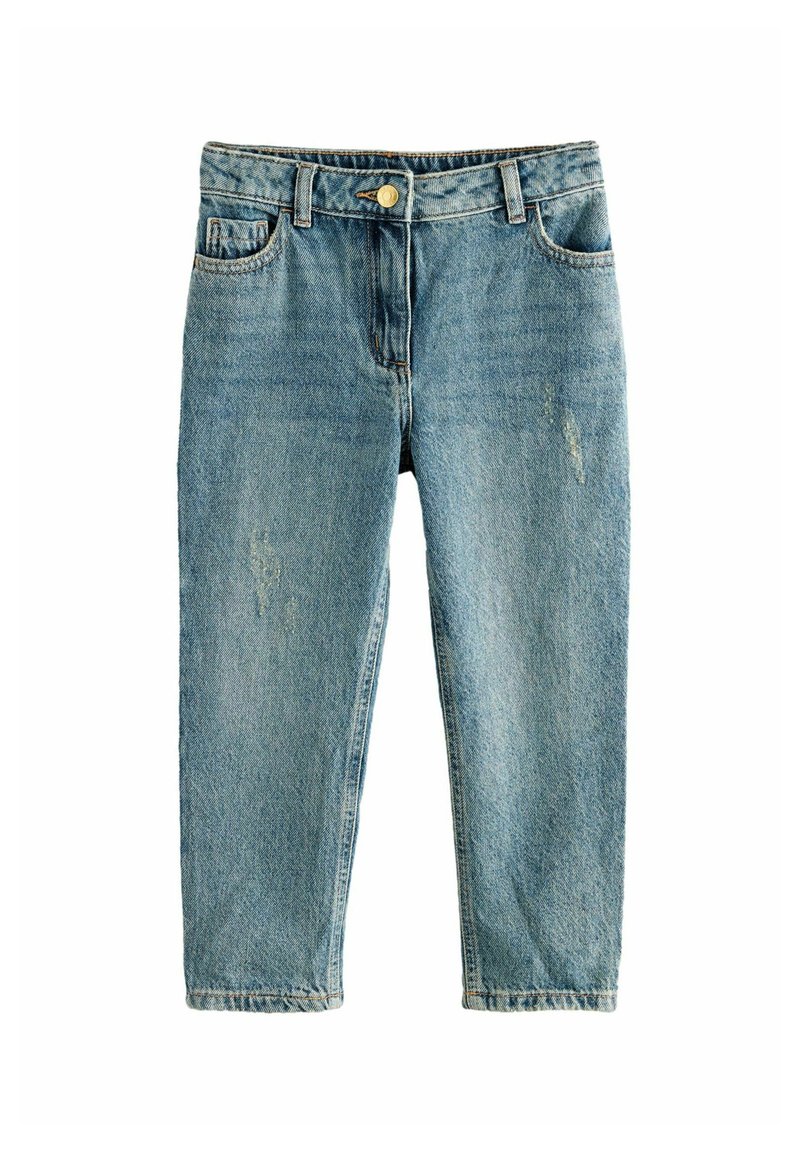 Jeans din denim bleu deschis cu croială dreaptă, având zone decolorate și un design clasic cu cinci buzunare, asigurate cu un buton metalic.