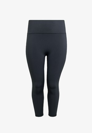 Black, fitted leggings made from stretch fabric. High waistband and seamless design with a smooth texture. Ankle-length appearance.