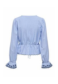 Blauwe gestreepte blouse met gathering in de taille, uitlopende mouwen en geschulpte randen. Heeft geborduurde bloemendetails op de mouw manchet.