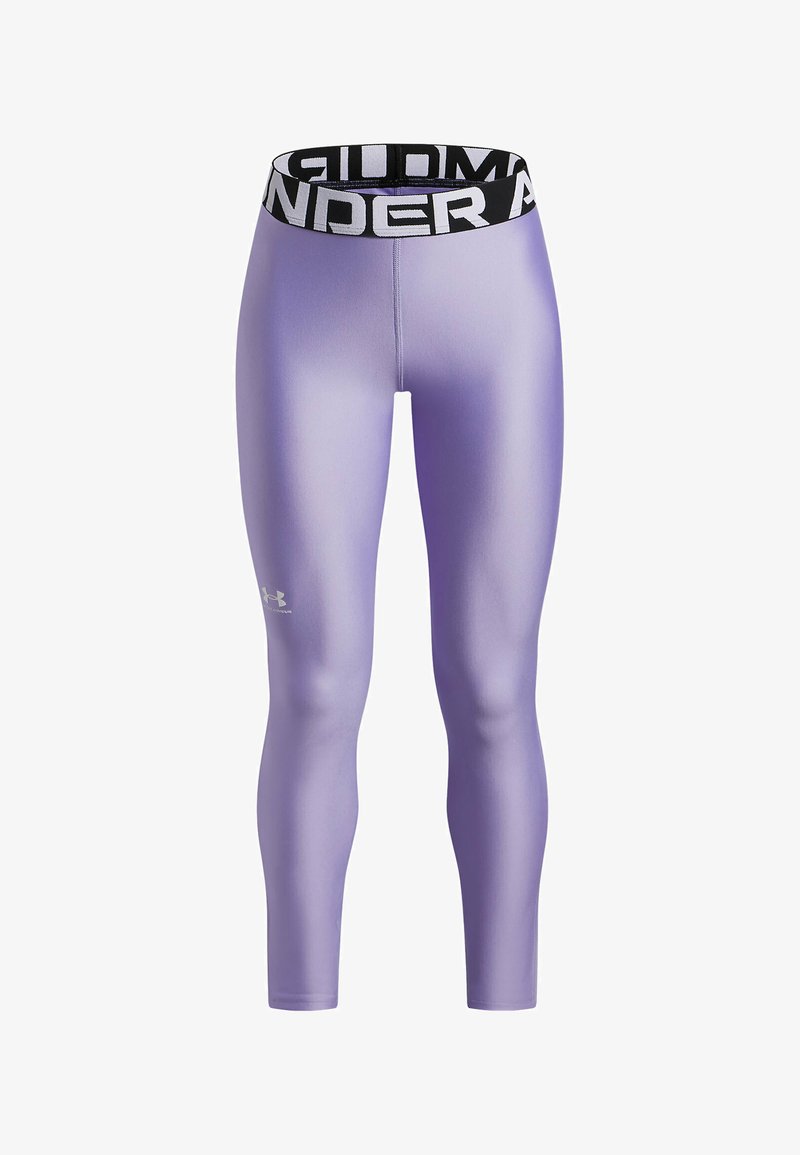 Paarse sportleggings met een zwarte merkaanzet. Gemaakt van soepel, rekbaar materiaal, met een aansluitend ontwerp en zonder zichtbare patronen.