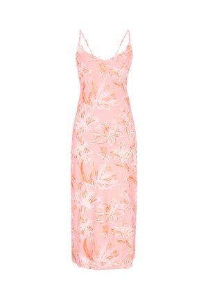 Pink ærmeløs midi-kjole med tynde stropper og hvidt blomsterprint.