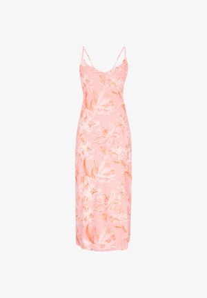 Pink ærmeløs midi-kjole med tynde stropper og hvidt blomsterprint.