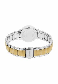 Roestvrijstalen horloge met een dual-tone band; zilveren en gouden schakels, gladde afwerking, ronde kast, gravure op de achterkant, waterbestendig.