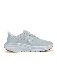 Scarpe da ginnastica grigie chiare con tomaia in tessuto testurizzato, suola in gomma e un apposito intersuola imbottita. Presentano lacci e un accento con logo.