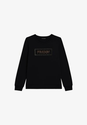 Sudadera negra con un logo rectangular "FREDDY" en acentos metálicos, cuello redondo y puños acanalados. Tela suave y cómoda.