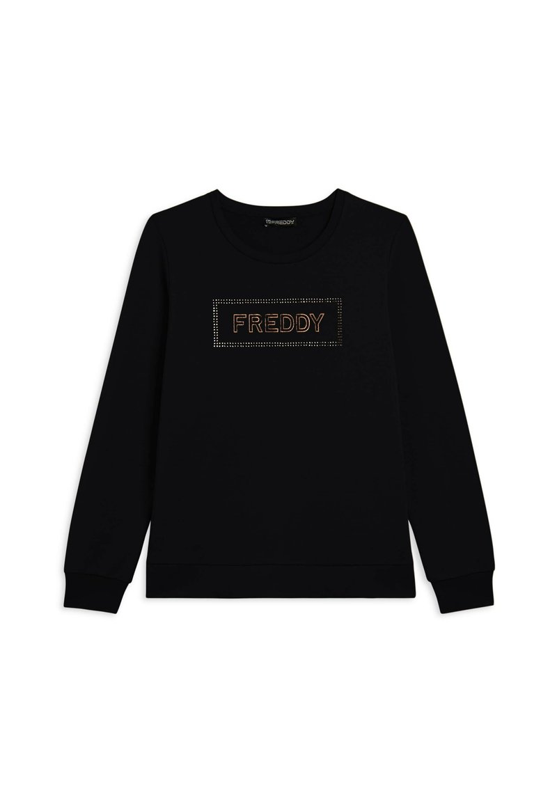 Sweatshirt noir avec un logo rectangulaire "FREDDY" en accents métalliques, col rond et poignets côtelés. Tissu lisse et confortable.