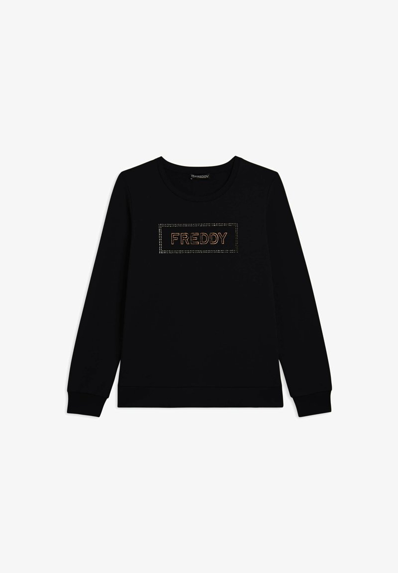 Sweatshirt noir avec un logo rectangulaire "FREDDY" en accents métalliques, col rond et poignets côtelés. Tissu lisse et confortable.