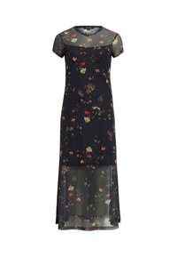 Musta kukkamekko, jossa on lyhyet verkkohiha, läpikuultava alaosa, elävät kukkakuviot punaisena, valkoisena ja vihreänä, suora leikkaus.