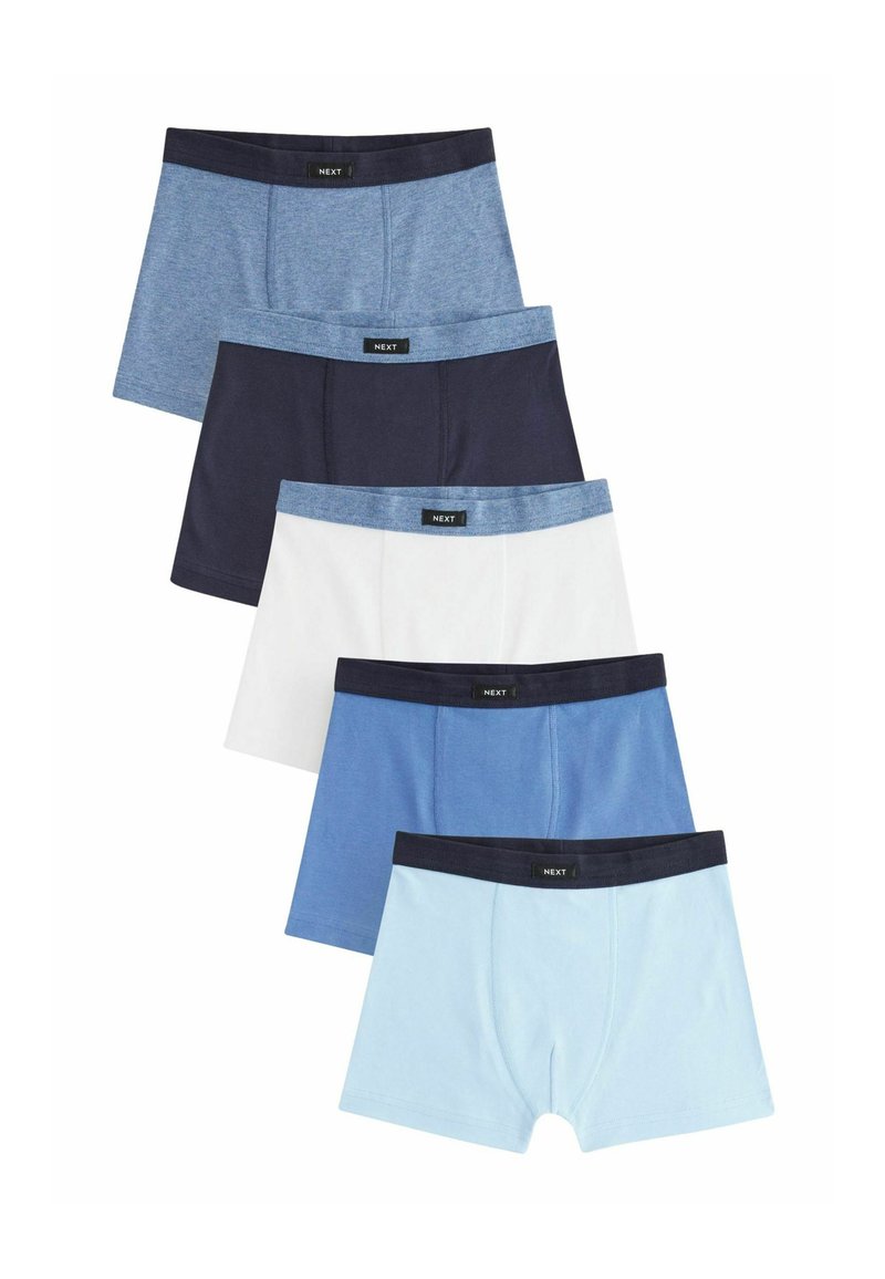 Fünf Paare Herrenboxershorts in verschiedenen Blau-, Marine- und Weißtönen, mit markenlogo versehenen Bündchen und aus einem Baumwoll-Mischgewebe.