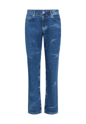 Mėlyni džinsai iš džinso audinio su tiesiu kojų kirpimu, išblukę ir su raukšlėmis, priekyje užsegami mygtuku ir užtrauktuku, turi priekines ir nugarines kišenes.