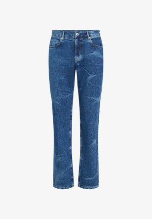 Mėlyni džinsai iš džinso audinio su tiesiu kojų kirpimu, išblukę ir su raukšlėmis, priekyje užsegami mygtuku ir užtrauktuku, turi priekines ir nugarines kišenes.