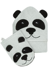 Grau Baumwolltuch-Set mit Panda-Gesichtsdesign, das schwarze Ohren, Augen und eine Nase zeigt. Enthält ein größeres Handtuch und einen kleineren Waschhandschuh.
