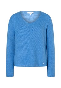 Blauer Strickpullover mit V-Ausschnitt, langen Ärmeln und strukturiertem Muster. Dezenter Markenaufnäher am Saum, lockere Passform und weicher Stoff.