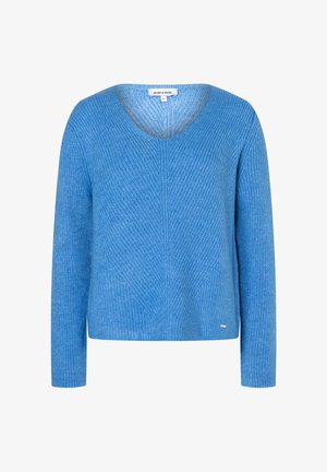 Blauer Strickpullover mit V-Ausschnitt, langen Ärmeln und strukturiertem Muster. Dezenter Markenaufnäher am Saum, lockere Passform und weicher Stoff.