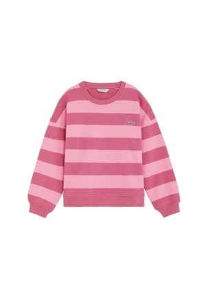 Jersey con cuello redondo con anchas franjas horizontales en rosa y rosa palo y pequeño texto en el pecho, con mangas largas y puños de canalé.