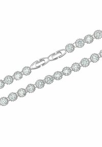 Bracciale in argento con cristalli trasparenti rotondi incastonati in design a forma di fiore. La chiusura è composta da anelli di catena intrecciati.