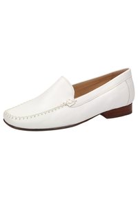 Weißer Lederloafer mit gestepptem Nahtdetail, runder Zehenpartie und einem niedrigen braunen Holzabsatz. Glatte Oberfläche mit einem Schlupfdesign.