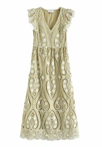 Robe beige avec un décolleté en V profond, des manches courtes à volants et une broderie florale blanche complexe. Forme en A et détail à ourlet festonné.