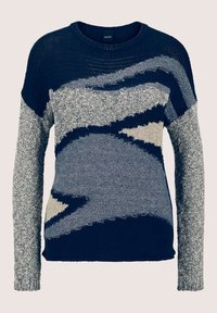 Texturierter marineblauer Pullover mit einer Mischung aus grauen und beigen Mustern, Rundhalsausschnitt und langen Ärmeln, die verschiedene Strickarten zeigen.