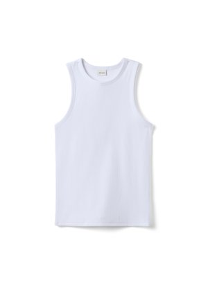 Weißes ärmelloses, geripptes Tanktop mit rundem Ausschnitt und einem kleinen Markenlabel innen am Kragen.