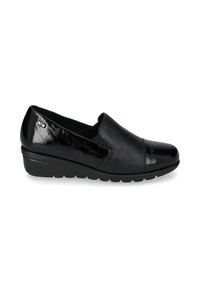 Scarpe slip-on nere in pelle con finitura lucida, dotate di tacco a zeppa e punta arrotondata. Accentuate da un motivo testurizzato sulla parte anteriore.