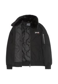 Sort bomberjakke med en faux fur krave, lynlåslukning foran og ribbede ærmer. Har en quiltet inderside og et logo patch på brystet.