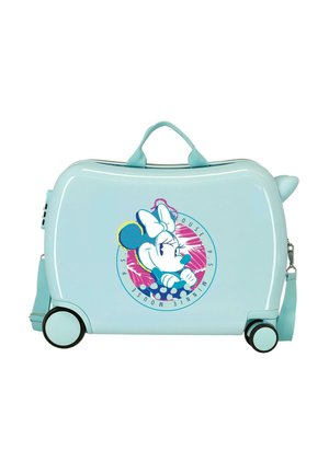 Maleta para niños de color azul claro con ruedas y asa, con un gráfico colorido de Minnie Mouse en la parte frontal.