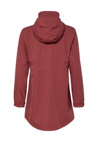 Giacca impermeabile rossa, lunga fino al ginocchio, con cappuccio, polsini elasticizzati e texture liscia. Design semplice senza hardware o motivi visibili.