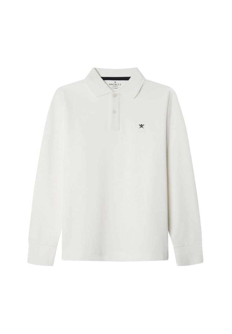 Witte langmouwen polo shirt van katoen, met een drieknopenlijst en geborduurd logo op de linkerborst. Eenvoudig, klassiek ontwerp.
