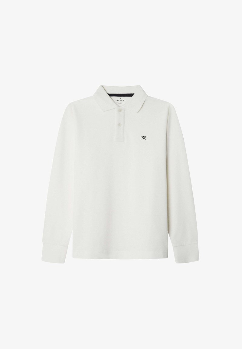 Weißes Langarm-Polohemd aus Baumwolle mit einer Knopfleiste mit drei Knöpfen und gesticktem Logo auf der linken Brust. Einfaches, klassisches Design.