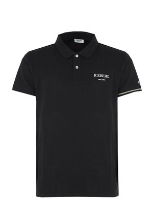 Polo nero in materiale cotone con colletto a tre bottoni, logo "ICEBERG" bianco e dettagli a strisce contrastanti sulle maniche.