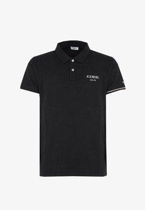 Polo nero in materiale cotone con colletto a tre bottoni, logo "ICEBERG" bianco e dettagli a strisce contrastanti sulle maniche.