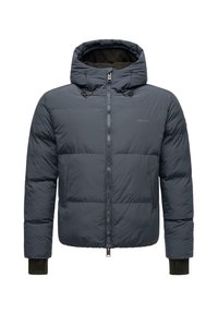 Tumši jūras spēka puffer jaka ar kapuci, ar priekšējo rāvējslēdzēju, elastīgām aprocēm un teksturētu apdari. Iekļauti regulējami auklas.