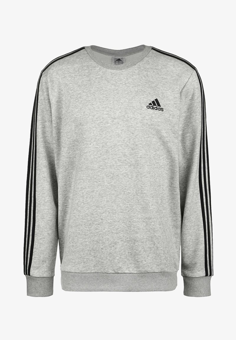 Sweat-shirt Adidas gris clair avec des détails à trois bandes noires sur les manches et le logo Adidas sur la poitrine gauche.
