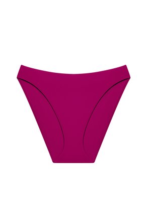 Magenta bikinibukse med glatt tekstur, høyt kutt og bred linning. Har buede sidepaneler og ingen ekstra metallbeslag.
