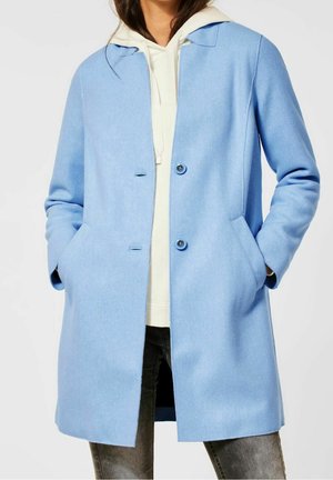 Femme portant un manteau bleu clair boutonné sur un sweat à capuche blanc, les mains dans les poches du manteau, associée à un jean foncé.