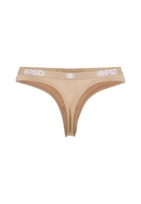 Beige stringtrosa med slät textur, utrustad med en vit logotyp på midjebandet och en V-formad framdesign.