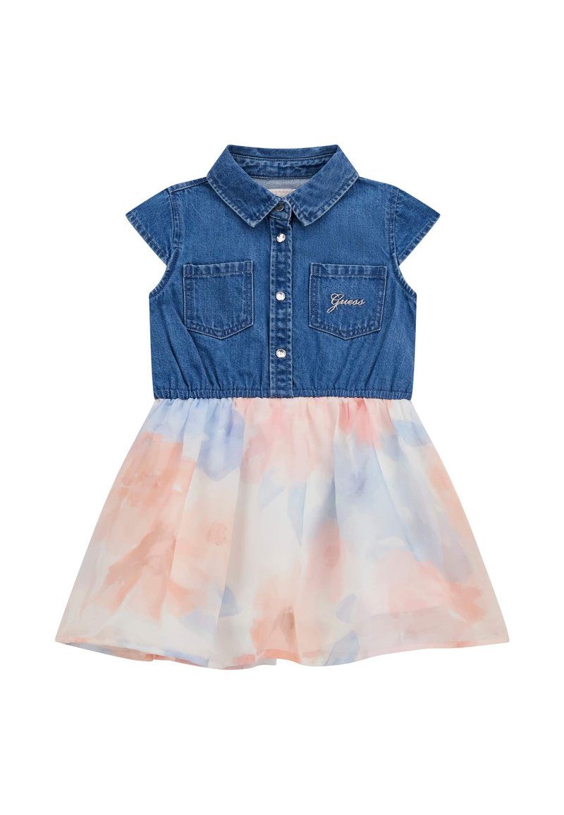 Rövid ujjú farmerruha, gallérral, elöl gombokkal és két zsebbel; az szoknya pasztell akvarell virágmintás.