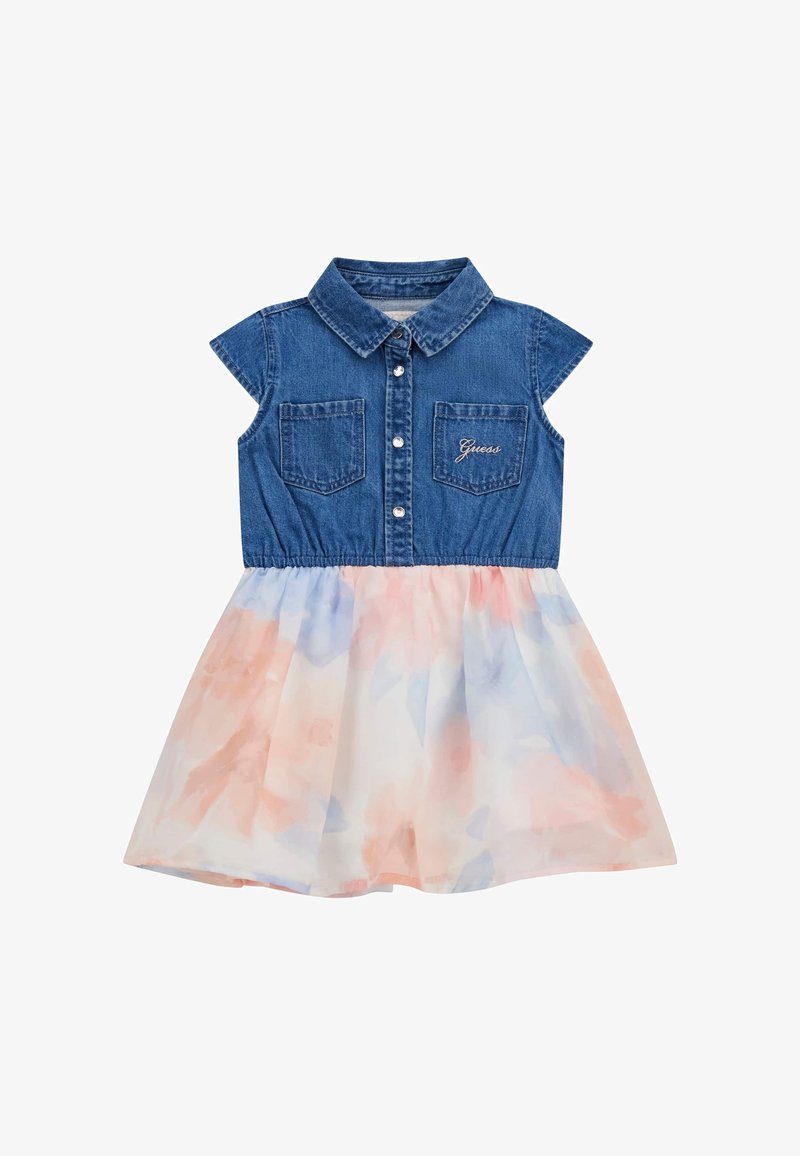 Rövid ujjú farmerruha, gallérral, elöl gombokkal és két zsebbel; az szoknya pasztell akvarell virágmintás.