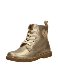 Metallische gouden leren enkellaars met beige veters, ronde neus en hartvormige uitsnede aan de zijkant. Heeft een gestructureerde afwerking en een rubberen zool.