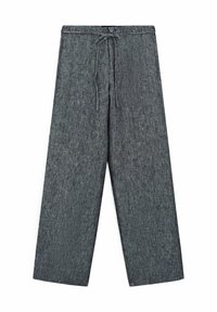 Wide-leg trousers in dark gray fabric, featuring a drawstring closure and button detail. Material has a subtle textured finish.