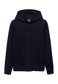 Navy blue bluza z kapturem wykonana z miękkiego materiału. Posiada długie rękawy, luźny krój oraz prosty design bez widocznych wzorów czy akcentów.