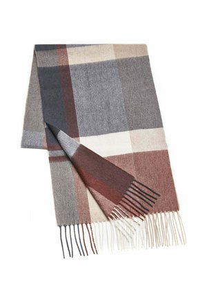 Wool scarf with a checked pattern in gray, beige, and rust colors, featuring fringed edges for texture and detail.