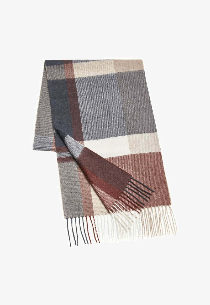 Wool scarf with a checked pattern in gray, beige, and rust colors, featuring fringed edges for texture and detail.