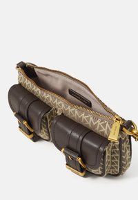 Brown leather and patterned fabric handbag with gold hardware, featuring an external zip pocket and two buckled compartments.