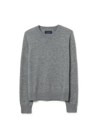 Grijze crewneck trui met lange mouwen, voorzien van geribbelde manchetten en zoom, plat weergegeven op een witte achtergrond.