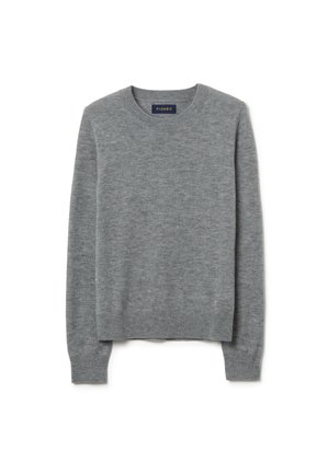 Grey crewneck long-sleeve sweater with ribbed cuffs and hem, displayed flat on a white background.