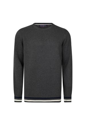 Dunkelgrauer, strukturierter Langarmpullover mit Rundhalsausschnitt, mit schwarz-weiß gestreiften Bündchen und Saum.