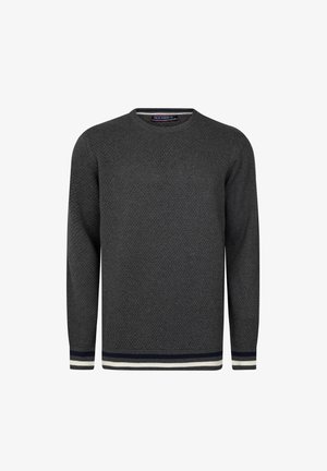 Dunkelgrauer, strukturierter Langarmpullover mit Rundhalsausschnitt, mit schwarz-weiß gestreiften Bündchen und Saum.