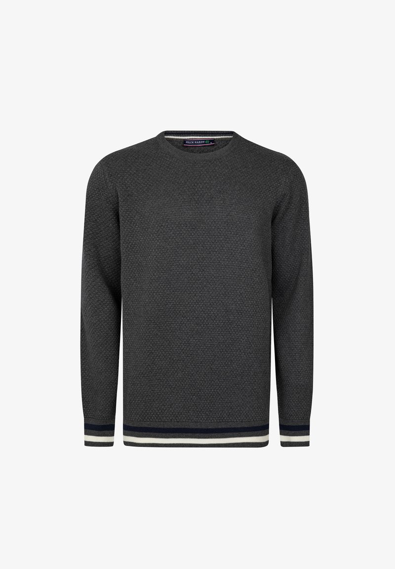 Pull à manches longues texturé gris foncé avec col rond, avec poignets et ourlet rayés noir et blanc.
